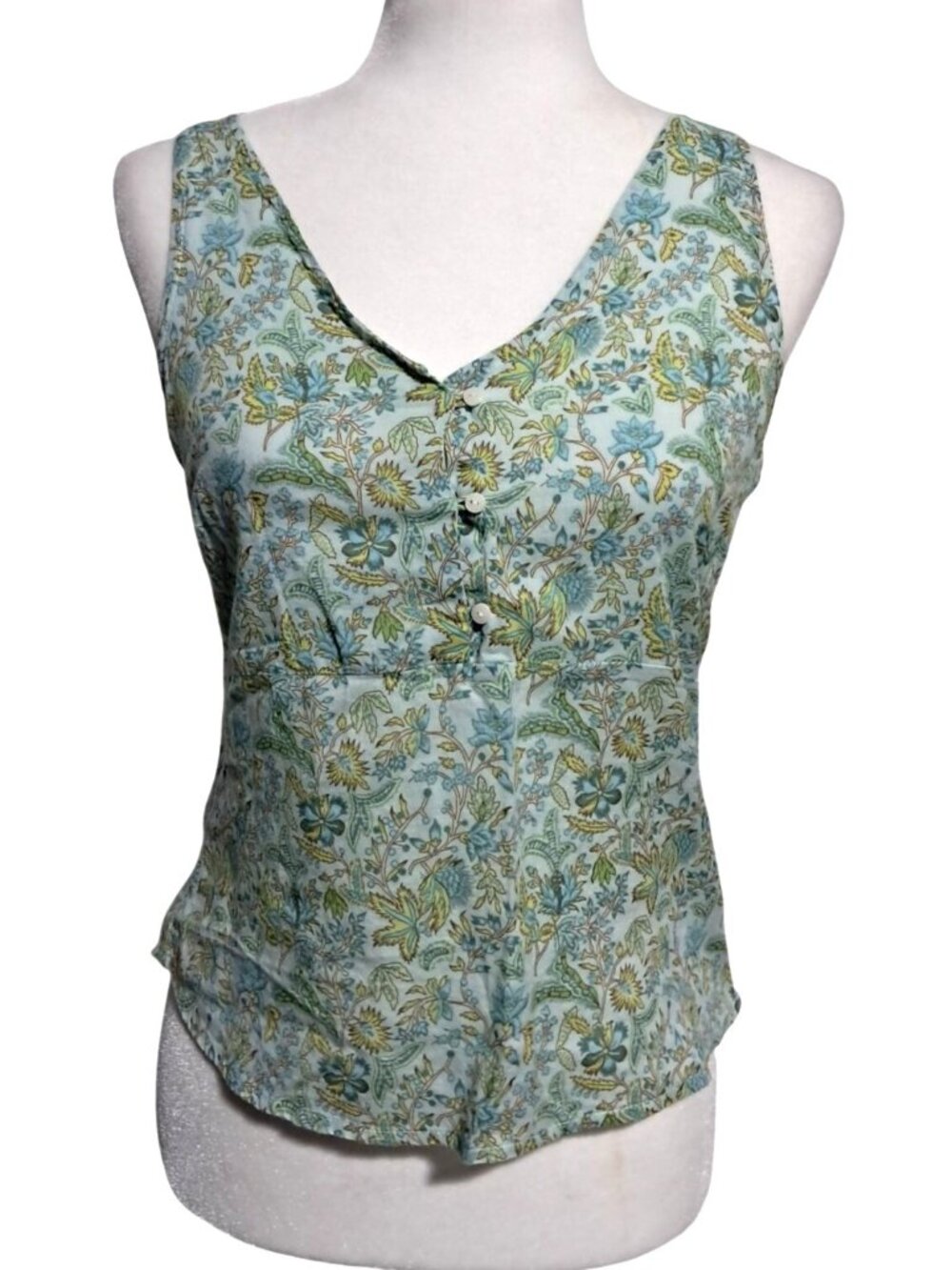 Y2K Old Navy Top Womens S Boho Cottage Blue Yellow Floral Cotton Button-Down Sle
